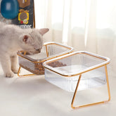 Pet Double Bowl Transparent Tall Cat Bowl Drinking Water Cat Food with Golden Bracket
