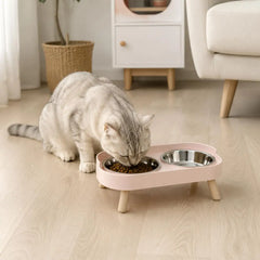 Elevated dual pet bowl for dogs and cats - stainless steel+plastic base with wooden feet