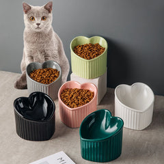 Tilted ceramic cat bowl with bracket - anti tip elevated cat food tray for neck protection