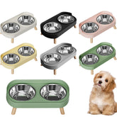 Elevated dual pet bowl for dogs and cats - stainless steel+plastic base with wooden feet
