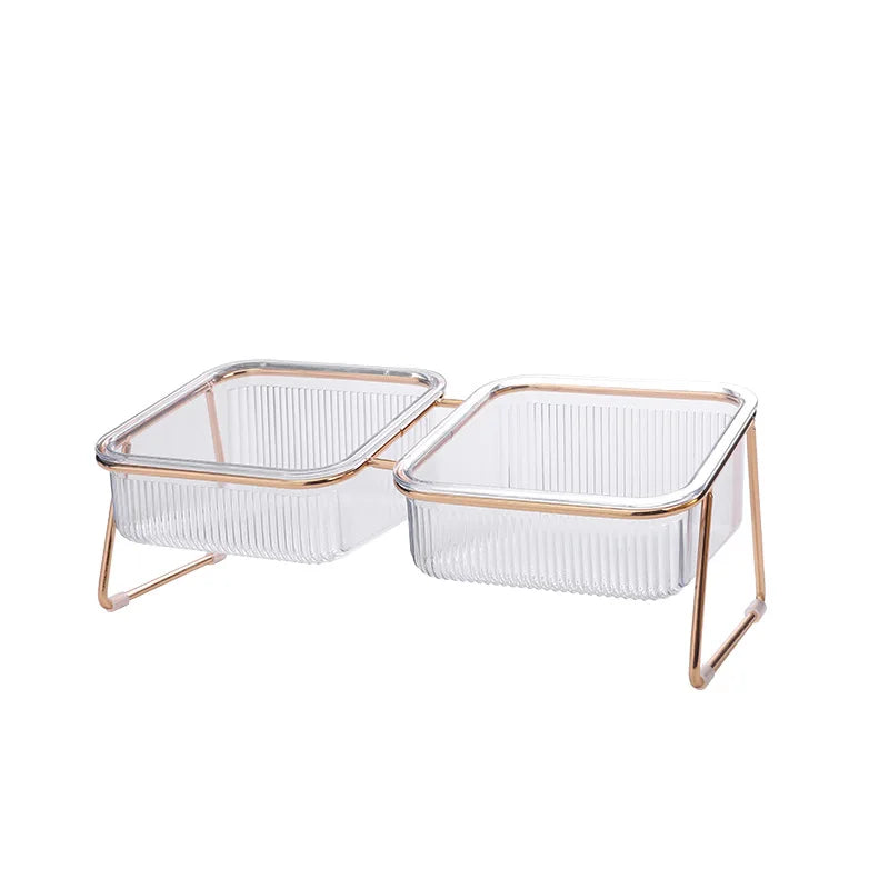 Pet Double Bowl Transparent Tall Cat Bowl Drinking Water Cat Food with Golden Bracket