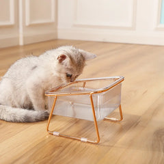 Pet Double Bowl Transparent Tall Cat Bowl Drinking Water Cat Food with Golden Bracket