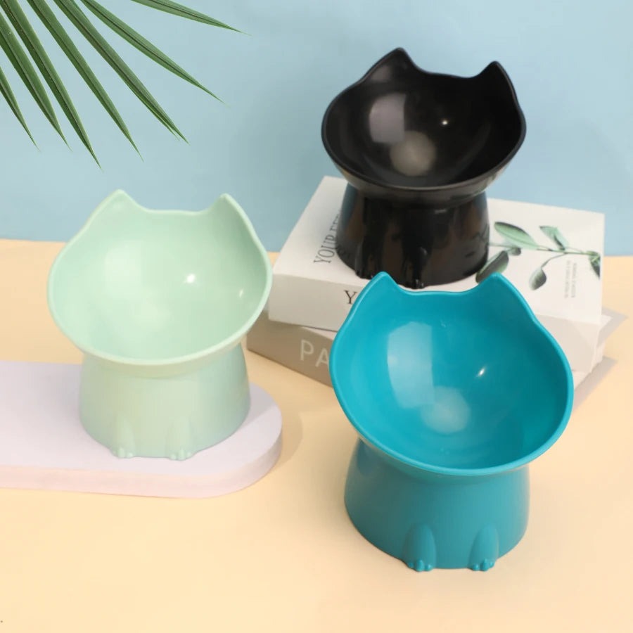 Elevated cat bowl, tilted elevated pet feeding tray with neck protection, anti rollover plastic cat food bowl