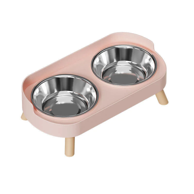 Elevated dual pet bowl for dogs and cats - stainless steel+plastic base with wooden feet