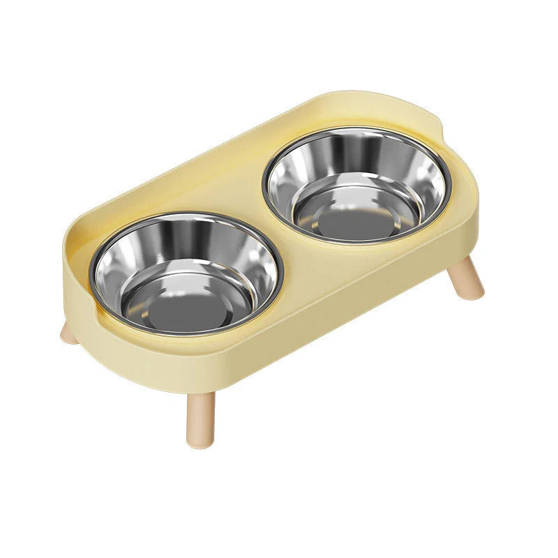 Elevated dual pet bowl for dogs and cats - stainless steel+plastic base with wooden feet