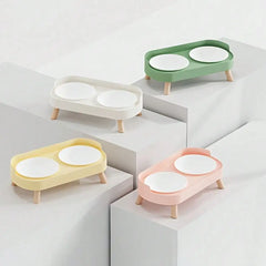 Elevated dual bowl feeder, cat/dog food and water bowl, with integrated water and feeding design