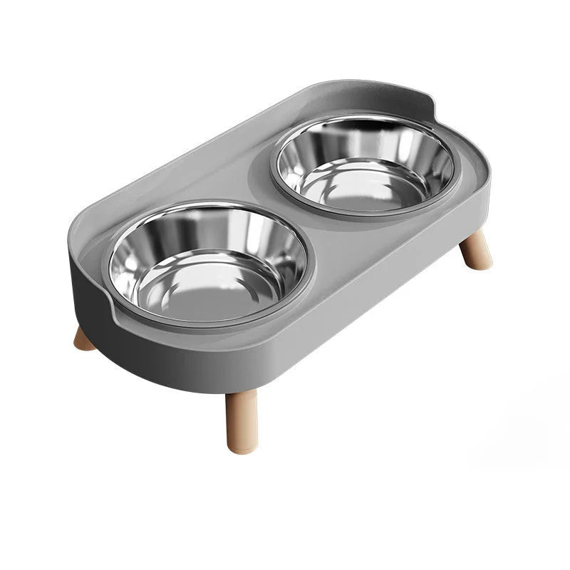 Elevated dual pet bowl for dogs and cats - stainless steel+plastic base with wooden feet