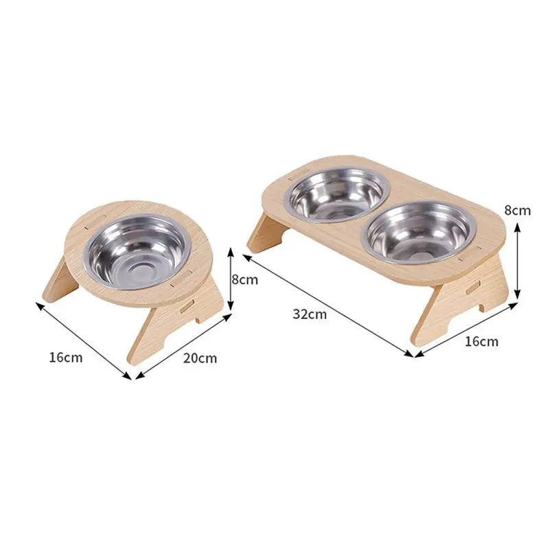 Elevated wooden pet bowl rack with 2 stainless steel bowls, tilted
