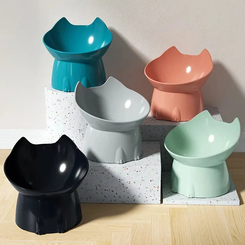 Elevated cat bowl, tilted elevated pet feeding tray with neck protection, anti rollover plastic cat food bowl