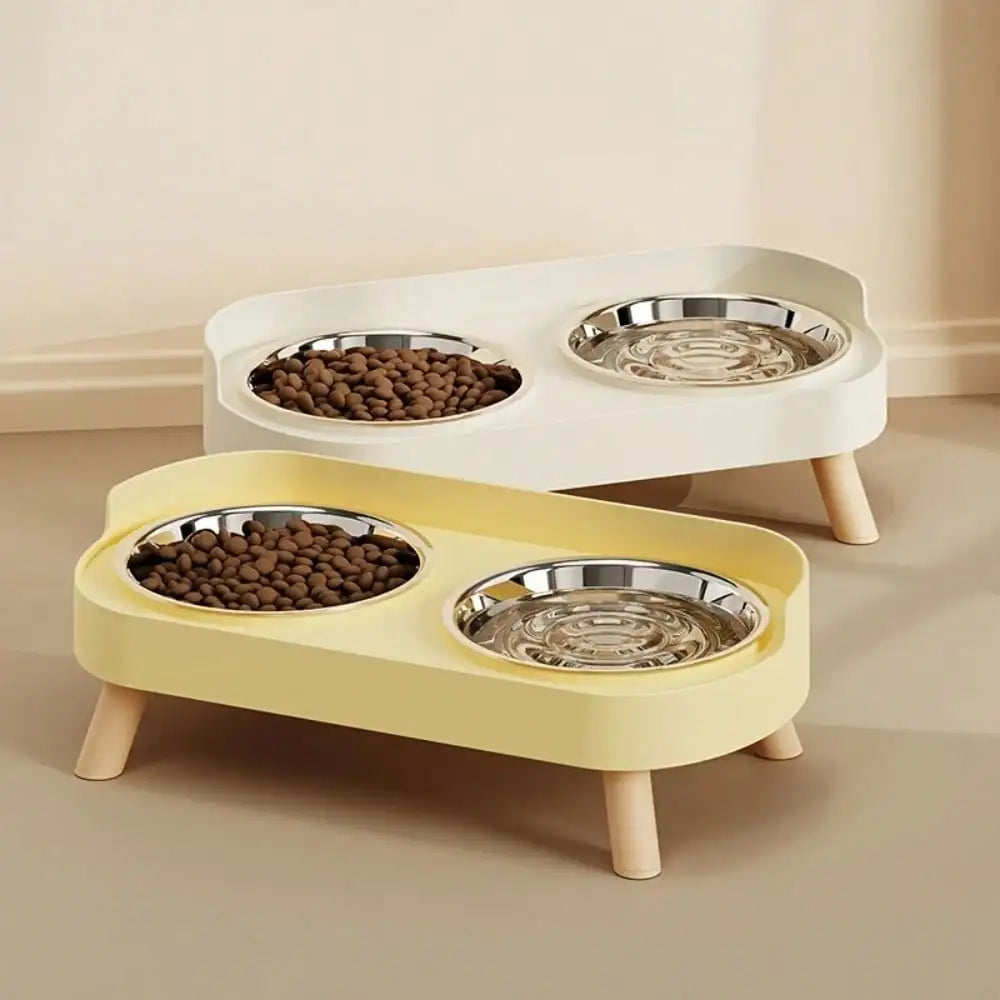 Elevated dual bowl feeder, cat/dog food and water bowl, with integrated water and feeding design
