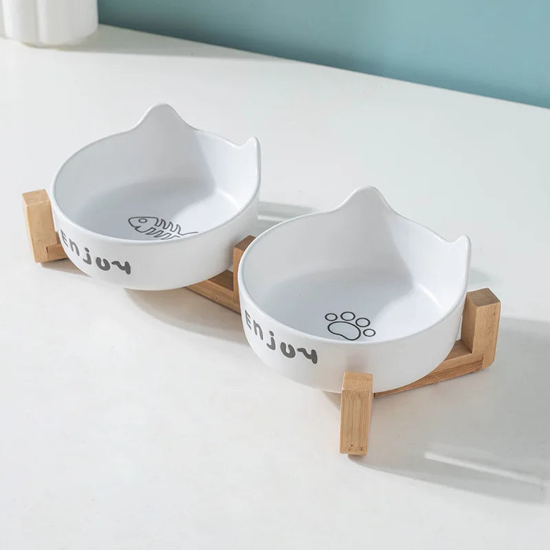 3 pieces/set (1 rack+2 bowls) anti slip ceramic double pet food bowls, suitable for cats and dogs - prevent overflow and