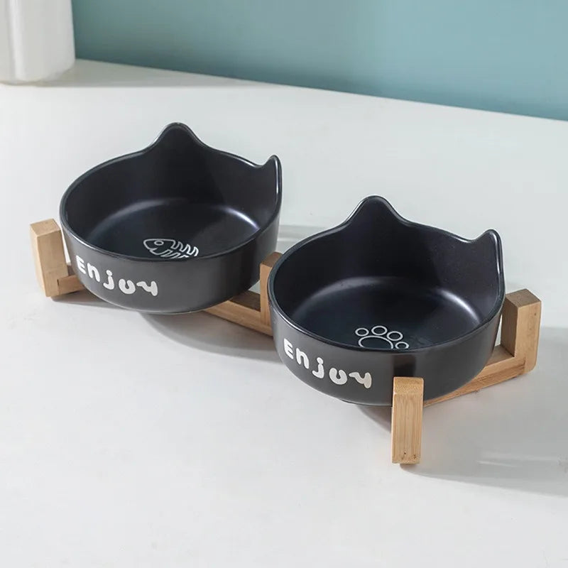3 pieces/set (1 rack+2 bowls) anti slip ceramic double pet food bowls, suitable for cats and dogs - prevent overflow and