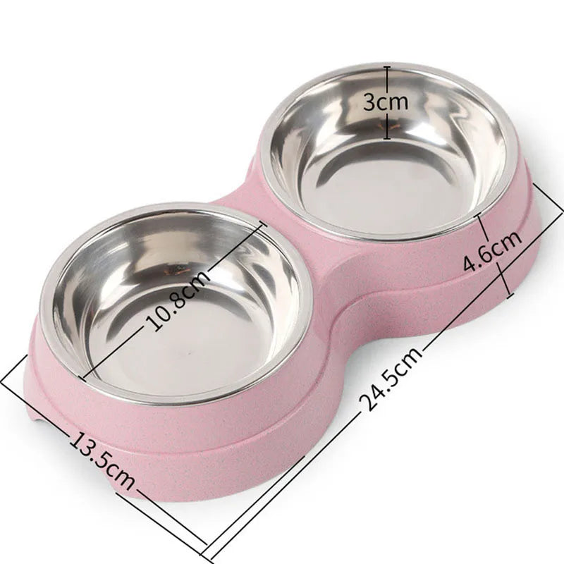 Double pet bowls, dog food dispensers, stainless steel pet water trays, feeders