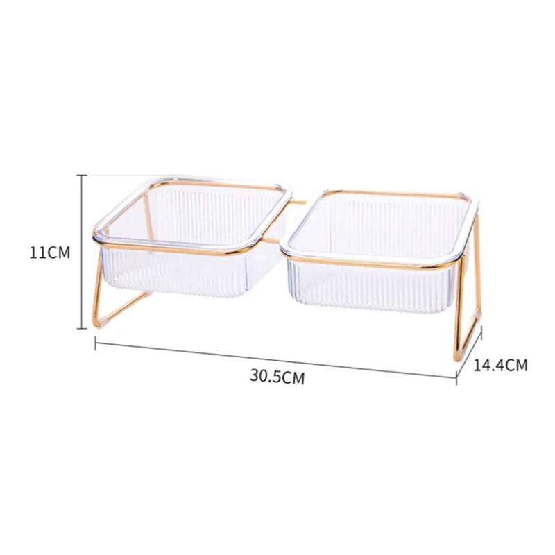 Pet Double Bowl Transparent Tall Cat Bowl Drinking Water Cat Food with Golden Bracket