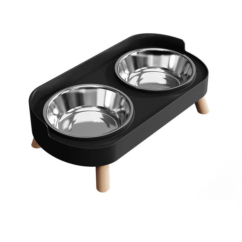 Elevated dual pet bowl for dogs and cats - stainless steel+plastic base with wooden feet