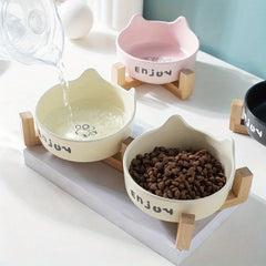 3 pieces/set (1 rack+2 bowls) anti slip ceramic double pet food bowls, suitable for cats and dogs - prevent overflow and