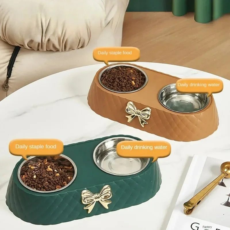 Bowtie Dog Food Bowl And Cat Double Bowl Set Pet Drinking Supplies