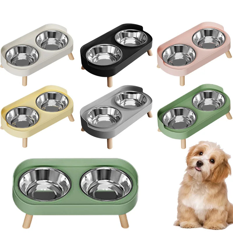 Elevated dual pet bowl for dogs and cats - stainless steel+plastic base with wooden feet