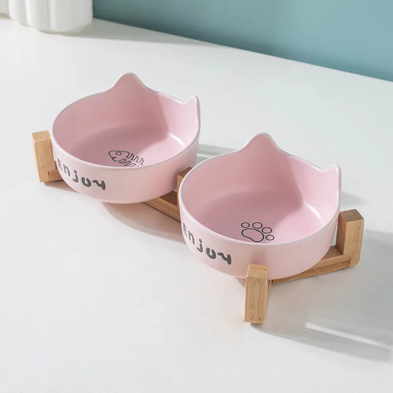 3 pieces/set (1 rack+2 bowls) anti slip ceramic double pet food bowls, suitable for cats and dogs - prevent overflow and